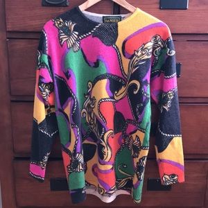 Vtg Danier Neon Colored Tassel Pattern Lambswool/Angora Blend Sweater Size Small